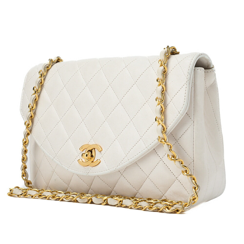 Sac bandoulière d'occasion, bandoulière chaîne, matelassé, cuir d'agneau, blanc, finitions dorées, d'occasion
