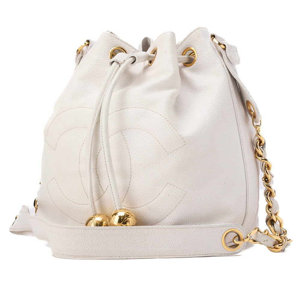Pre-Owned Shoulder Bag, Chain Shoulder, Caviar Leather, White, Gold-Tone Hardware, Pre-Owned