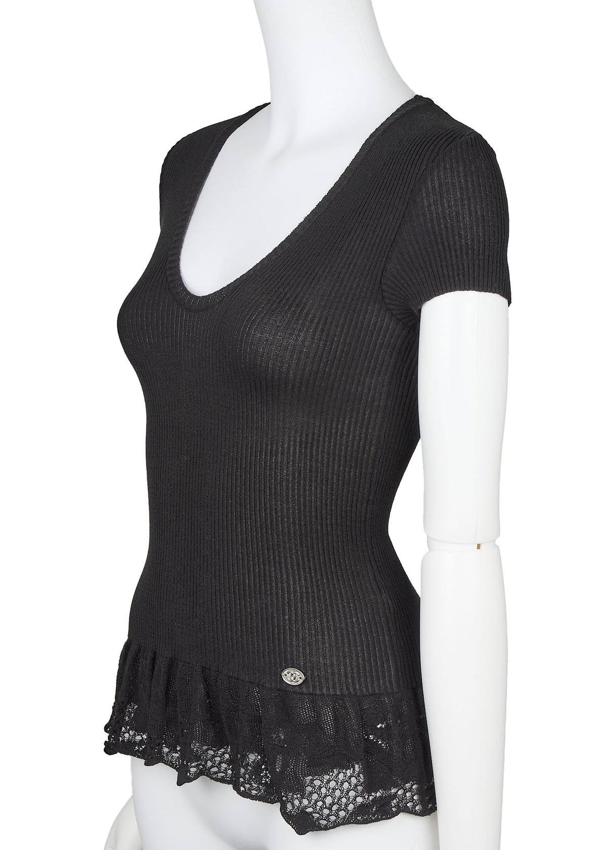 Pre-Owned T-Shirt, Coco Mark Knit Lace, Cotton Nylon Blend, Black, Silver-Tone Hardware, Pre-Owned
