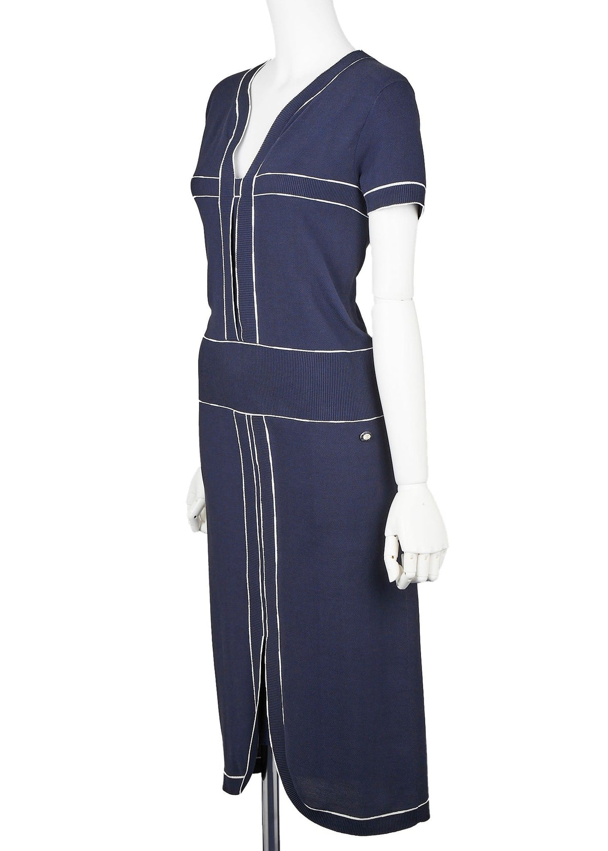 Pre-Owned One Piece Dress, Bicolor, Cotton, Navy, Gold-Tone Hardware, Pre-Owned