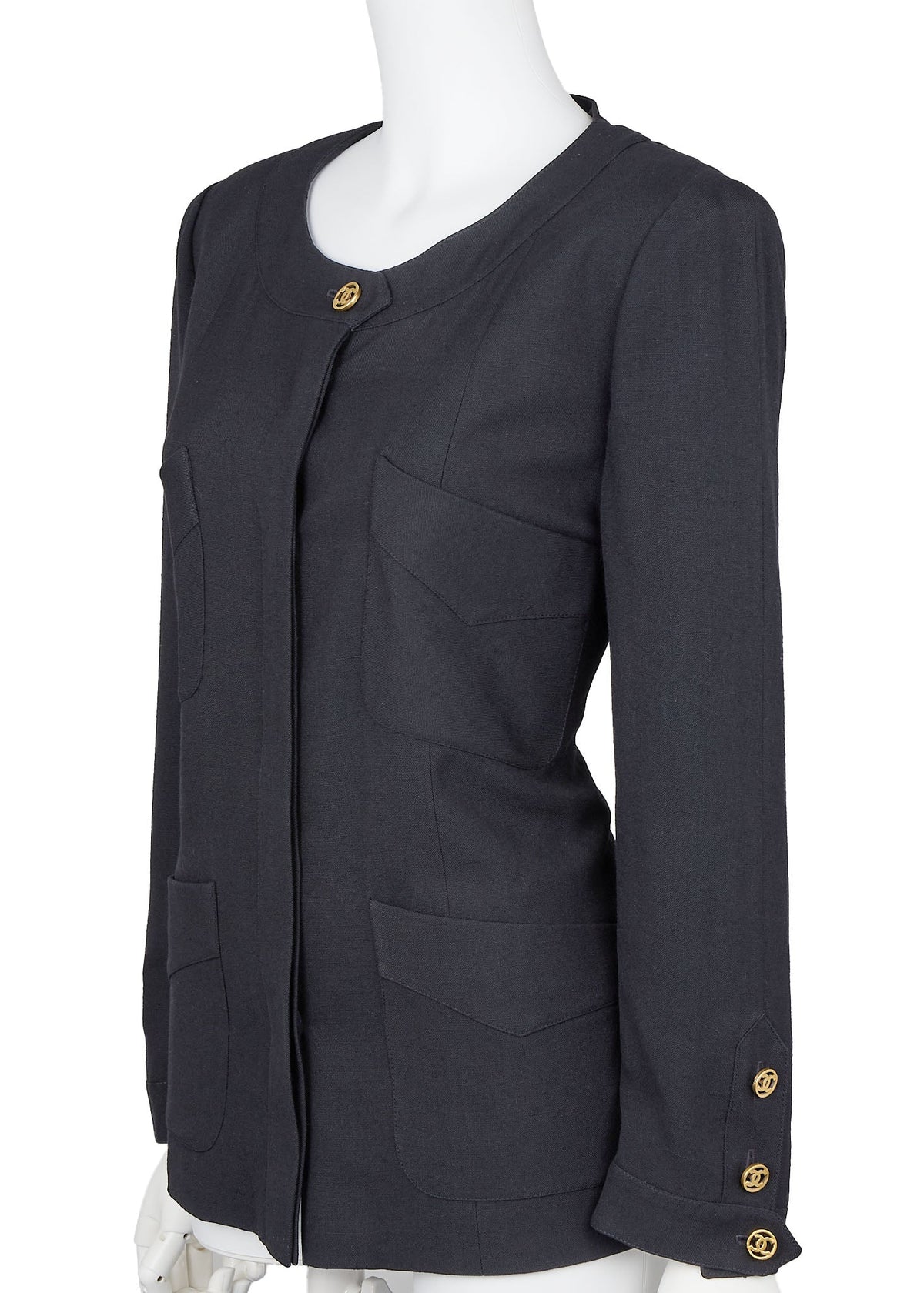 Veste sans col d'occasion, manteau d'extérieur, manches longues, lin, noir, finitions dorées, d'occasion