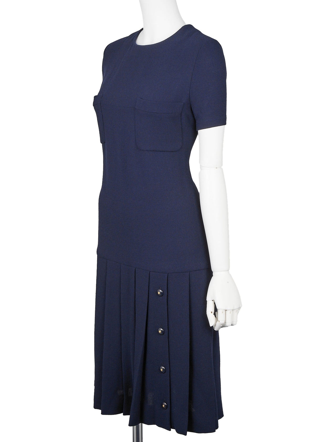 Pre-Owned Dress, Coco Button Pleated, Wool, Navy, Gold-Tone Hardware, Pre-Owned