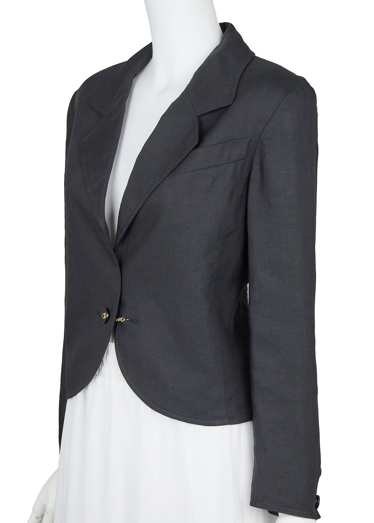 Pre-Owned Cropped Jacket, Coco Button, Linen, Black, Silver-Tone Hardware, Pre-Owned