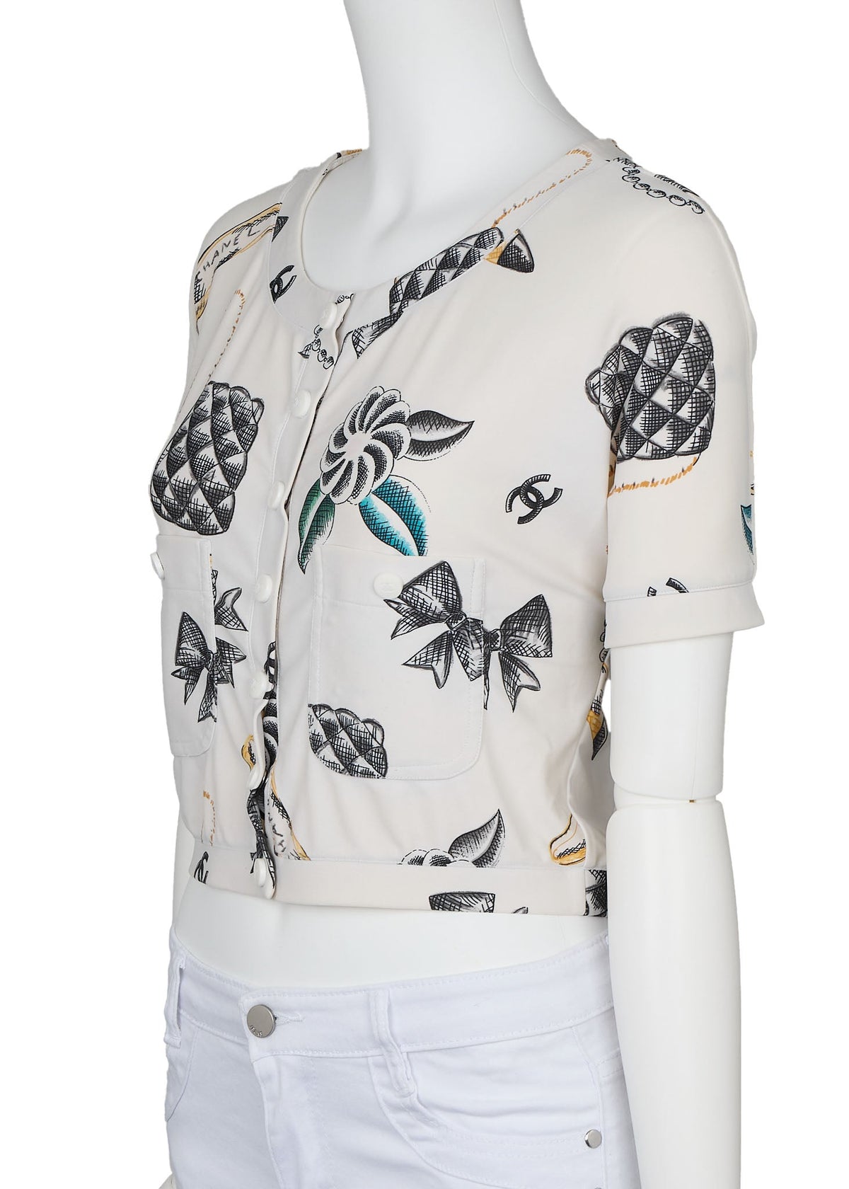 Pre-Owned T-Shirt, Cropped, Total Pattern, Nylon Spandex Blend, White, Gold-Tone Hardware, Pre-Owned