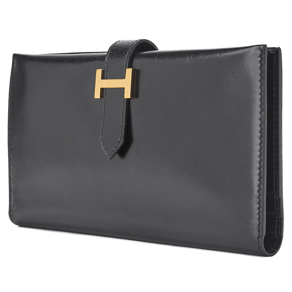 Pre-Owned Bearn Soufflet Two-Fold Long Wallet Box Calf Black Gold-Tone Hardware Pre-Owned