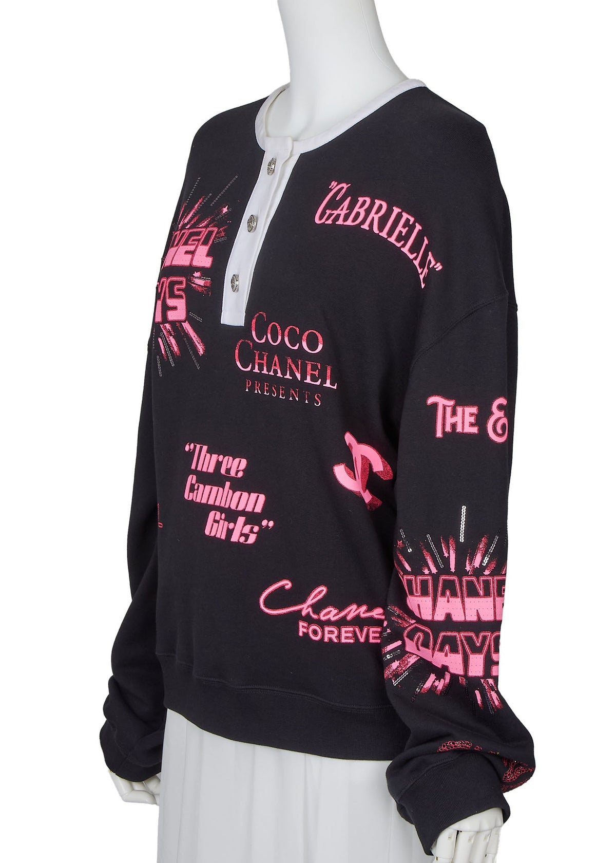 Sweat-shirt à capuche d'occasion, Coco Mark No5, manches longues, coton, noir, finitions dorées, d'occasion
