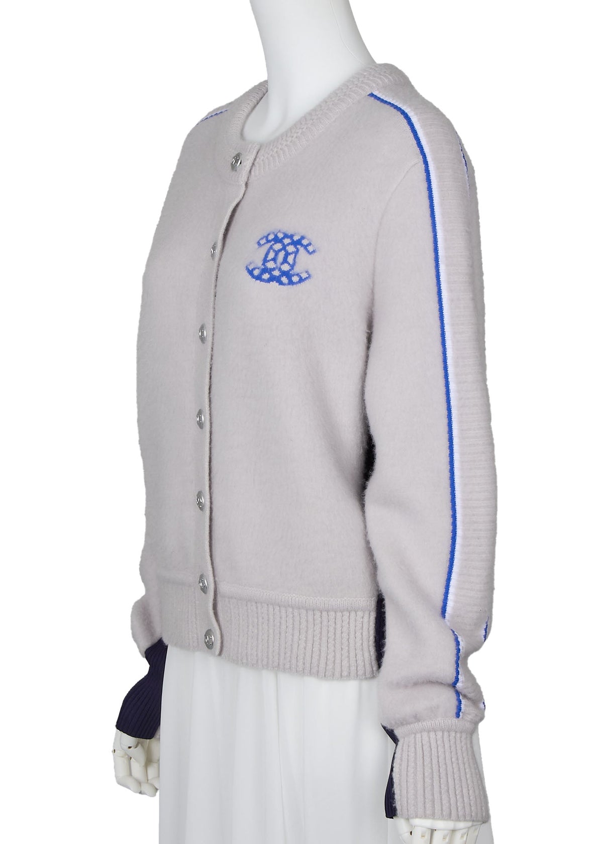 Pre-Owned Cardigan, Coco Button, Knit, Cashmere Blend, Grey, Silver-Tone Hardware, Pre-Owned