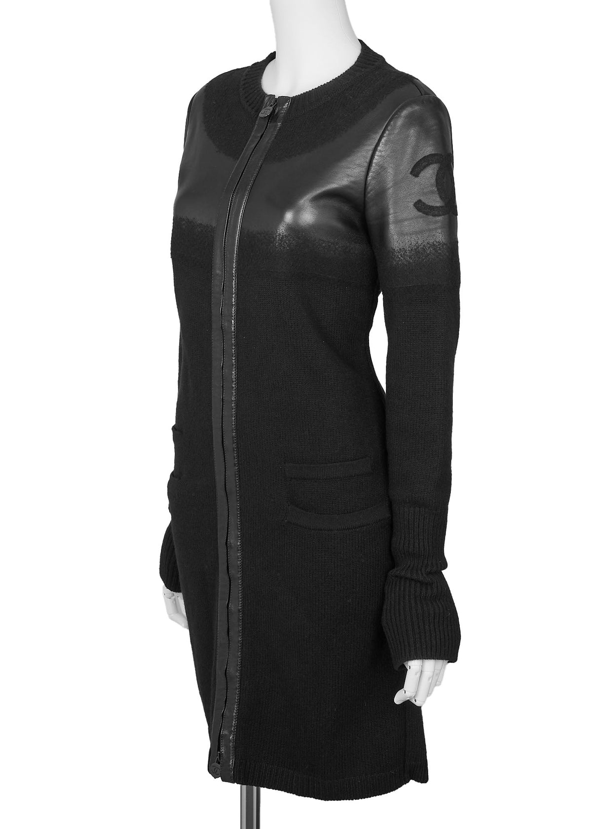 Pre-Owned Outerwear Jacket, Coco Mark, Leather, Black, Silver-Tone Hardware, Pre-Owned