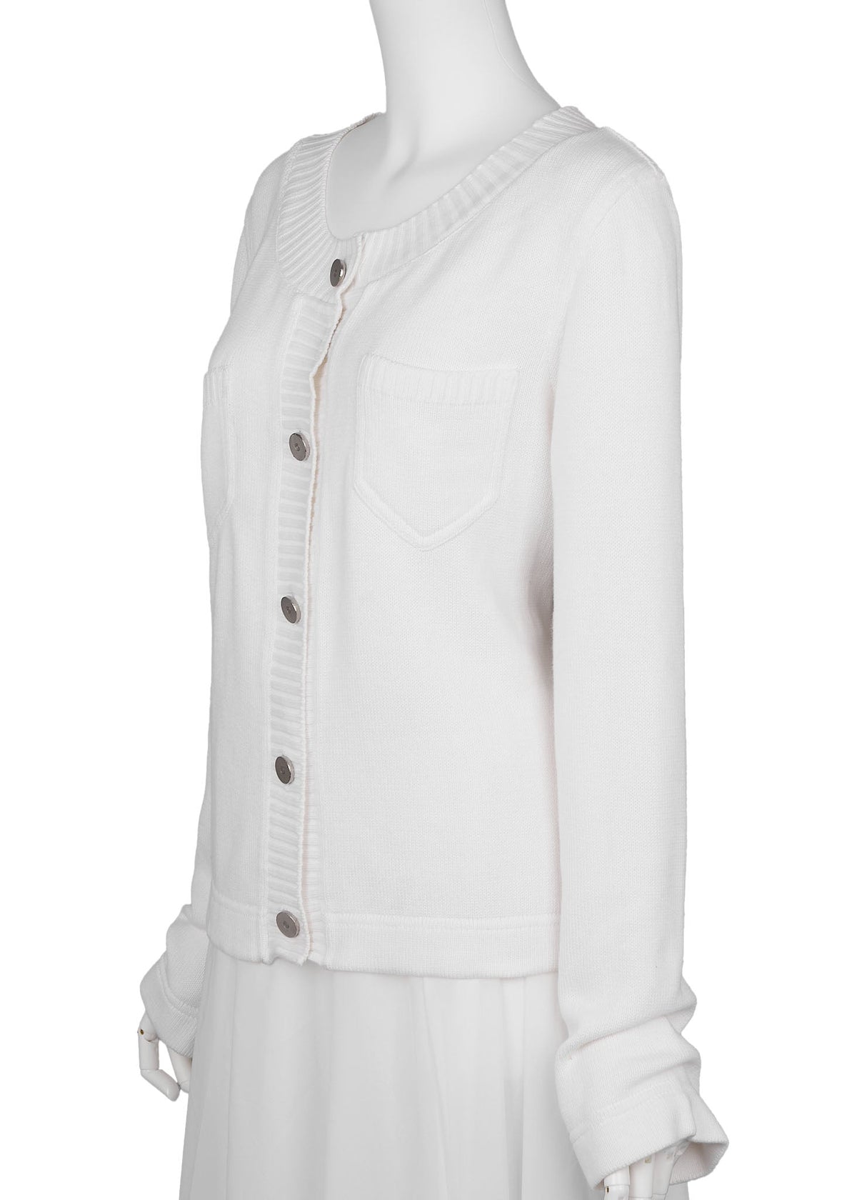 Pre-Owned Cardigan, Long Sleeve, Knit, Cotton, White, Pre-Owned