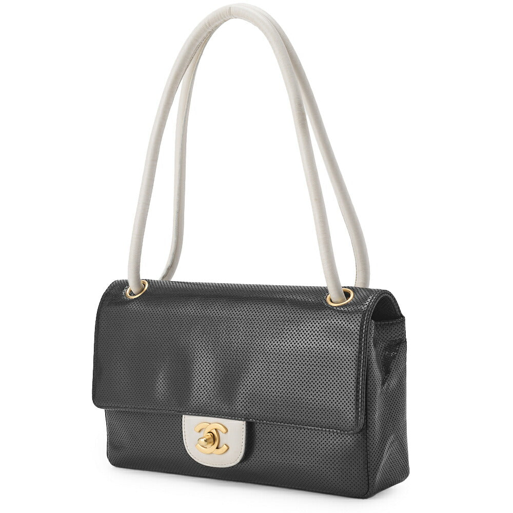 Sac bandoulière d'occasion, perforé, cuir, noir, finitions dorées, d'occasion