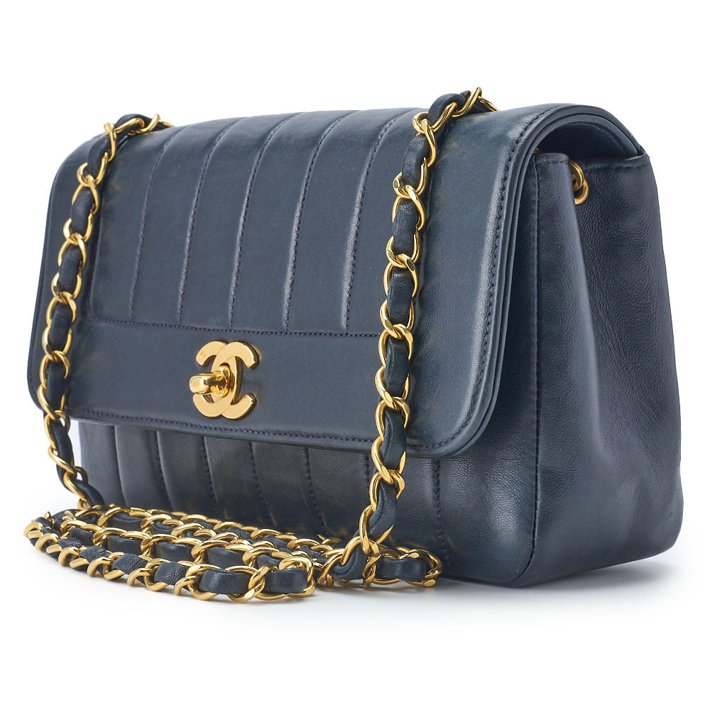 Pre-Owned Shoulder Bag, Mademoiselle Turn Lock, Chain Shoulder, Lambskin, Navy, Gold-Tone Hardware, Pre-Owned