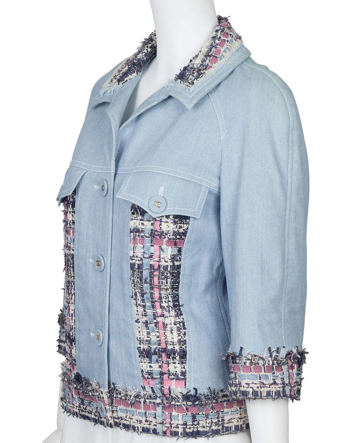Pre-Owned Jacke, Langarm, Tweed Denim, Baumwolle, Blau, Goldfarbene Hardware, Pre-Owned