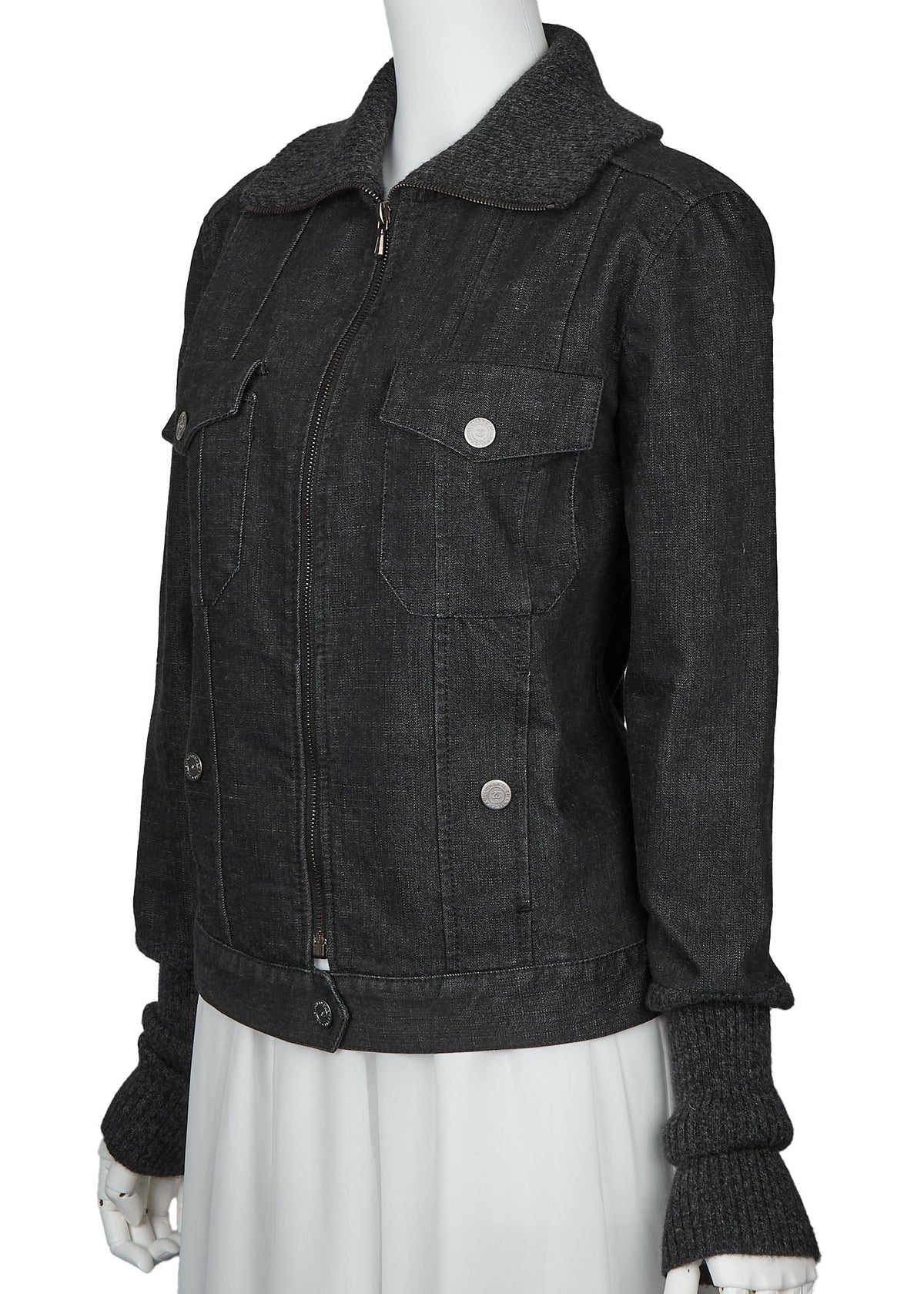 Pre-Owned Jacket, Knit Denim, Coco Button, Cotton Blend, Black, Silver-Tone Hardware, Pre-Owned