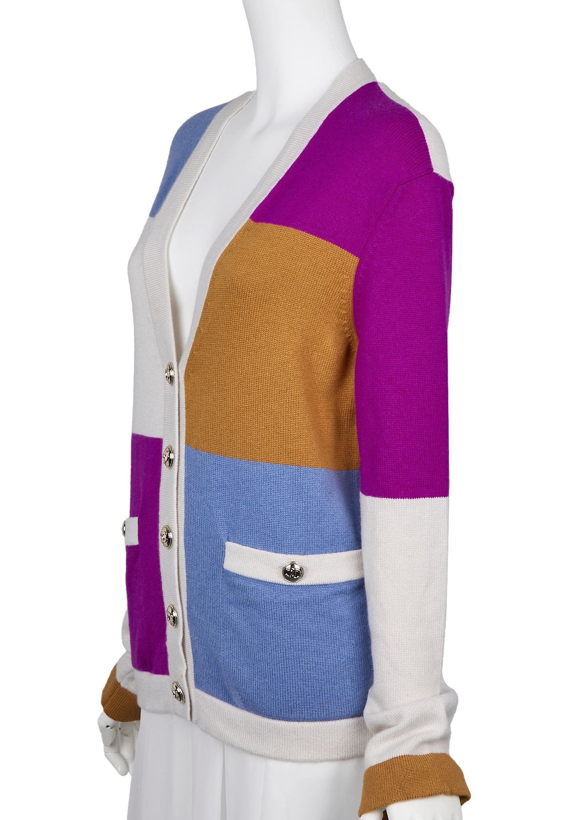 Pre-Owned Cardigan Long Sleeve Knit Cut-and-Sew Cashmere Ivory Gold-Tone Hardware Pre-Owned