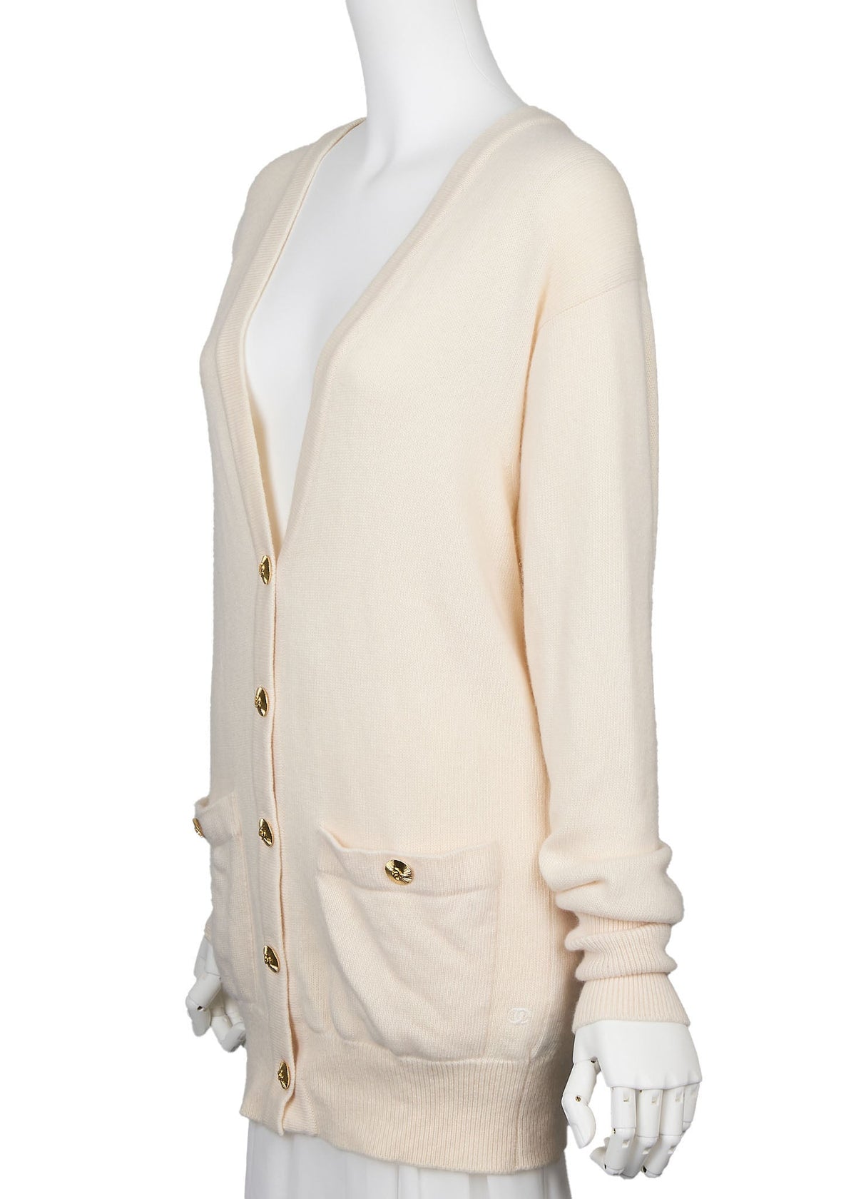 Pre-Owned Cardigan, Coco Mark, Long Sleeve, Cashmere, Beige, Gold-Tone Hardware, Pre-Owned