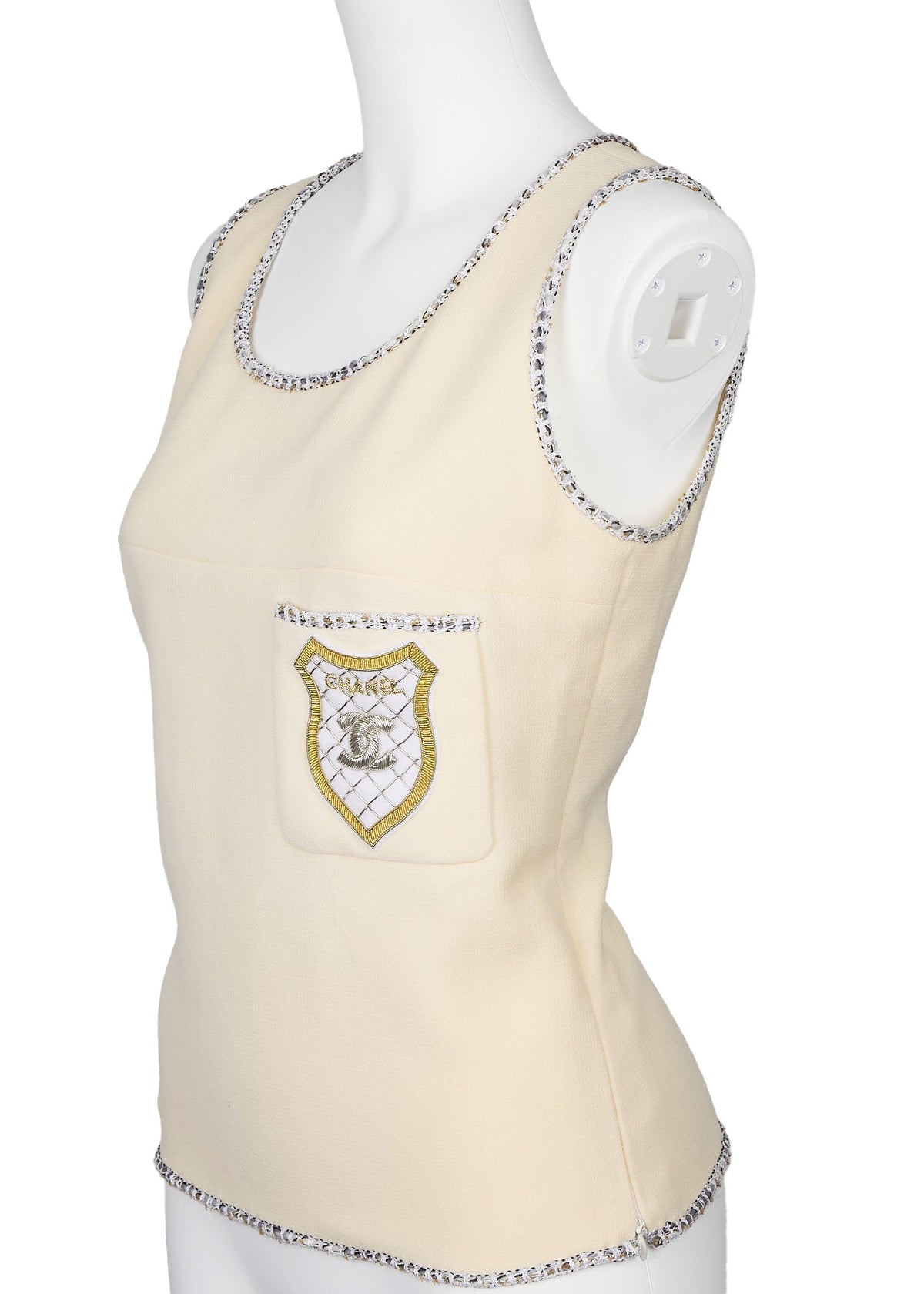 Pre-Owned Sleeveless Top, Coco Mark Emblem, Wool, Beige, Gold-Tone Hardware, Pre-Owned