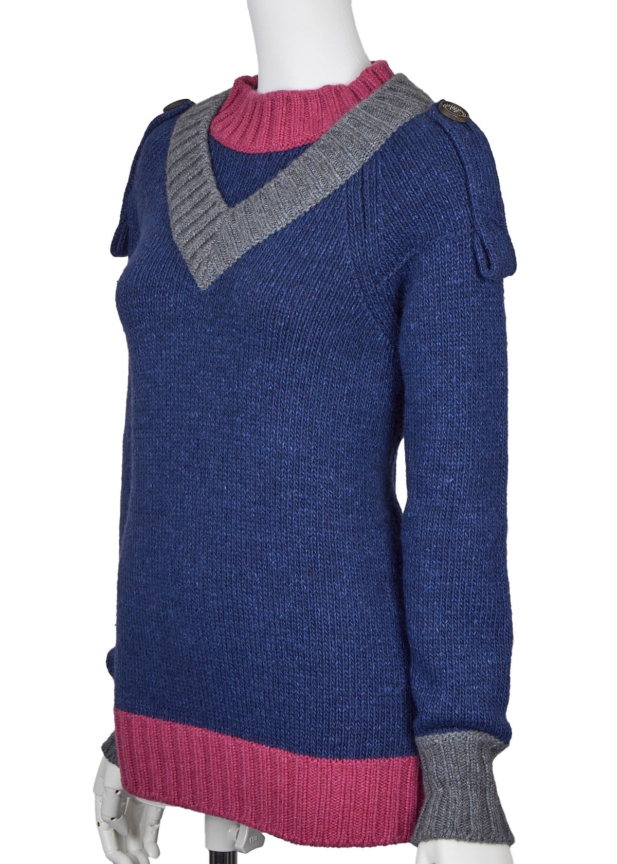 Pre-Owned Knit Sweater, Coco Button, Cashmere Silk Wool Blend, Navy, Gold-Tone Hardware, Pre-Owned