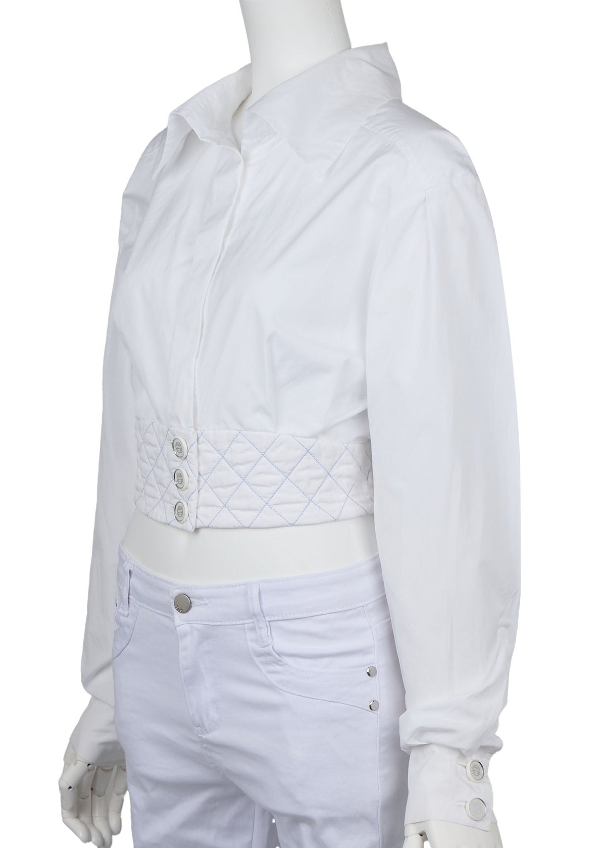 Pre-Owned Cropped Blouse, Coco Button, Cotton, White, Silver-Tone Hardware, Pre-Owned