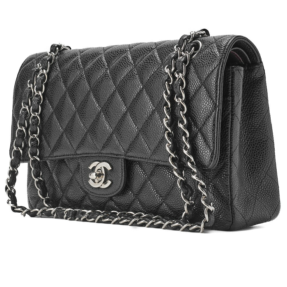 Pre-Owned Shoulder Bag, Matelasse Turn Lock Double Flap 25, Caviar Skin, Black, Silver-Tone Hardware, Pre-Owned