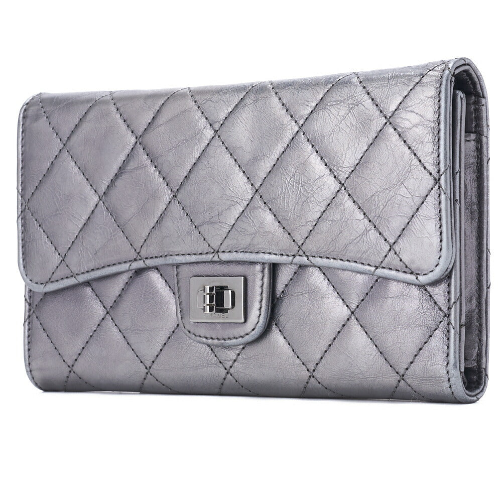 Pre-Owned Tri-Fold Wallet, Matelasse, Vintage Calf, Silver, Silver-Tone Hardware, Pre-Owned