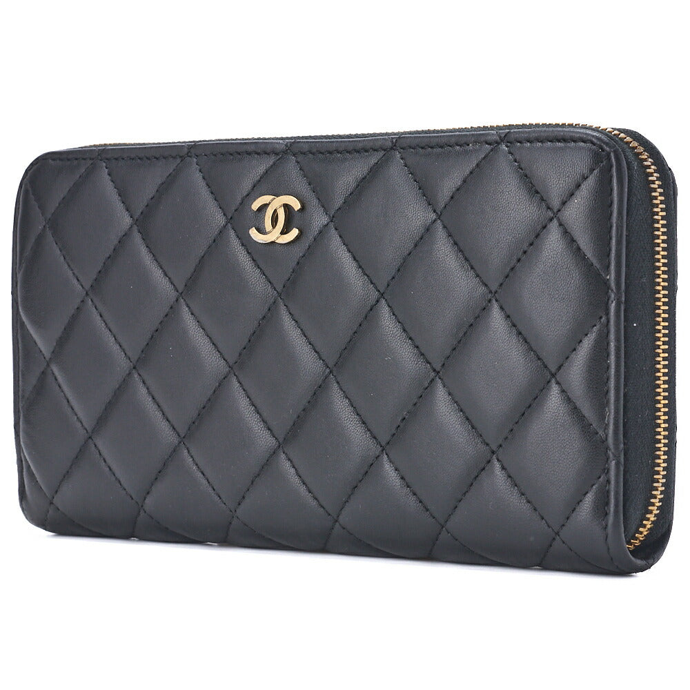 Pre-Owned Round Long Wallet Matelasse Lambskin Black Gold-Tone Hardware Pre-Owned