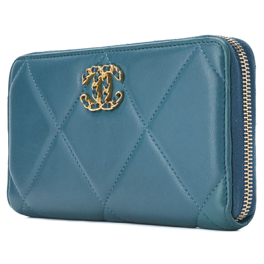 Pre-Owned 19 Matelasse Round Long Wallet Lambskin Turquoise Gold-Tone Hardware Pre-Owned