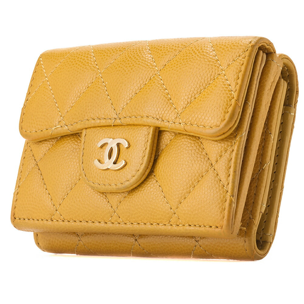 Pre-Owned Compact Wallet, Matelasse, Tri-Fold, Caviar Skin, Yellow, Gold-Tone Hardware, Pre-Owned
