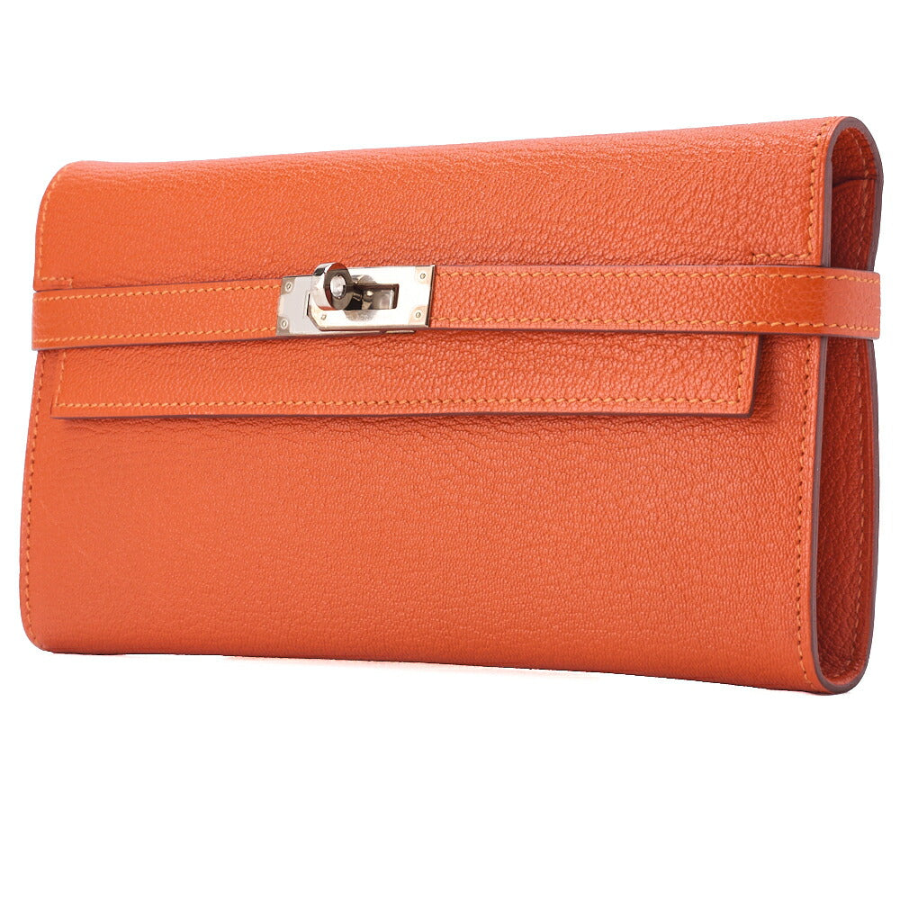 Pre-Owned Kelly Wallet 2 Fold Long Wallet Chevre Mizol Orange Silver-Tone Hardware Pre-Owned