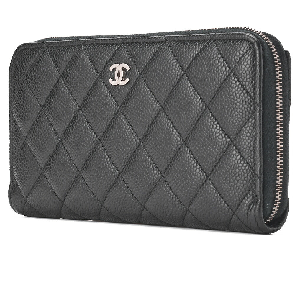 Pre-Owned Long Wallet, Matelasse, Caviar Skin, Black, Silver-Tone Hardware, Pre-Owned