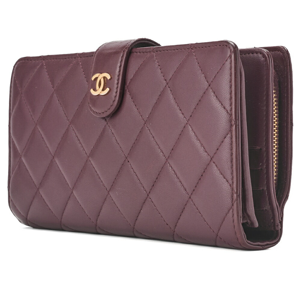 Pre-Owned Bi-Fold Long Wallet Matelasse Lambskin Bordeaux Gold-Tone Hardware Pre-Owned
