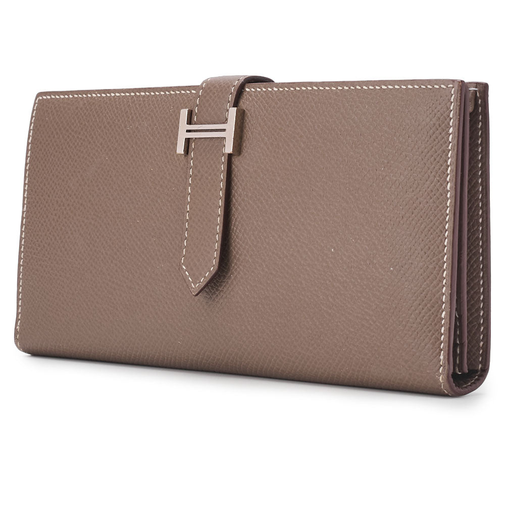 Pre-Owned Bearn Soufflet 2 Fold Long Wallet Epson Etoupe Silver-Tone Hardware Pre-Owned