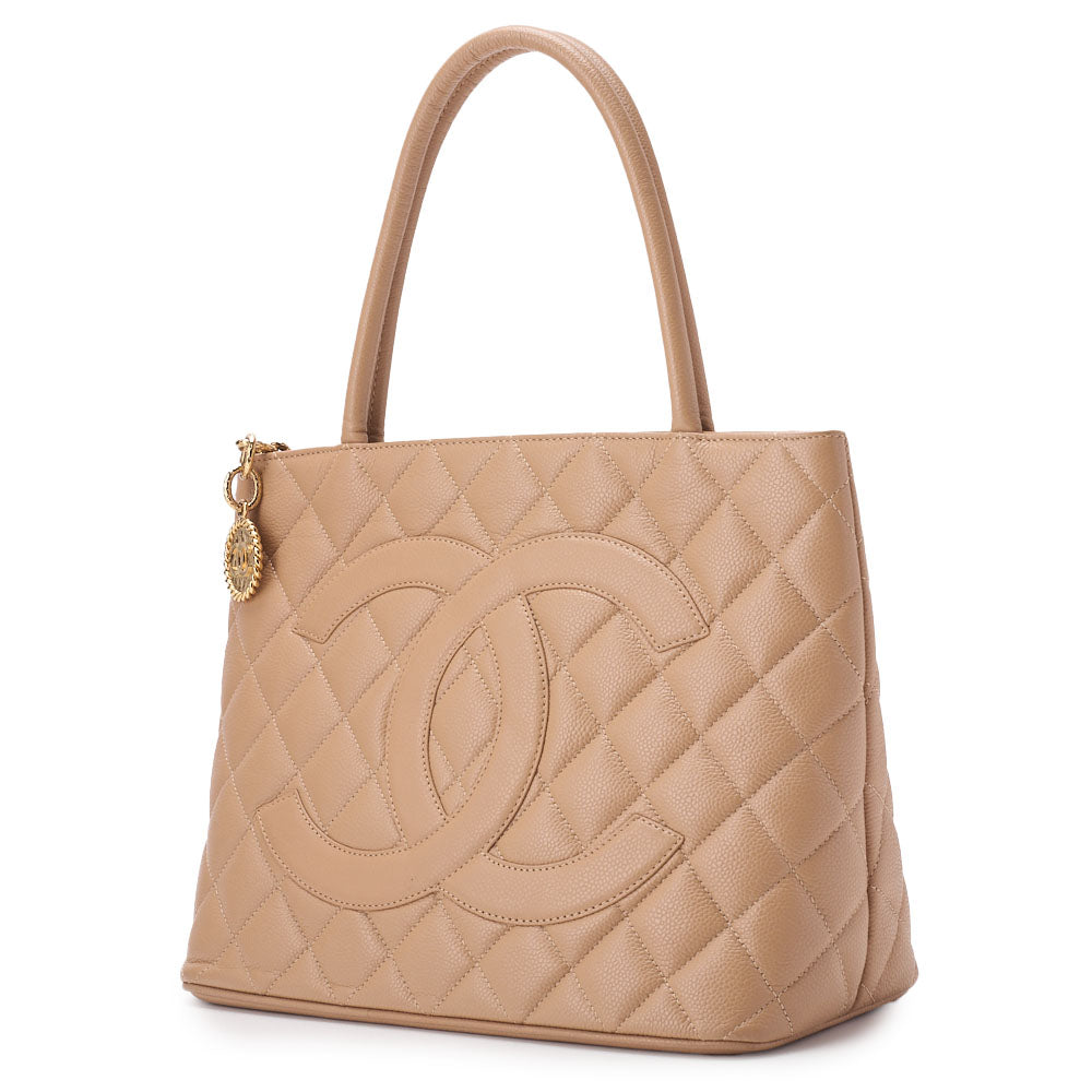 Pre-Owned Tote Bag Matelasse Reprint Caviar Skin Beige Gold-Tone Hardware Pre-Owned