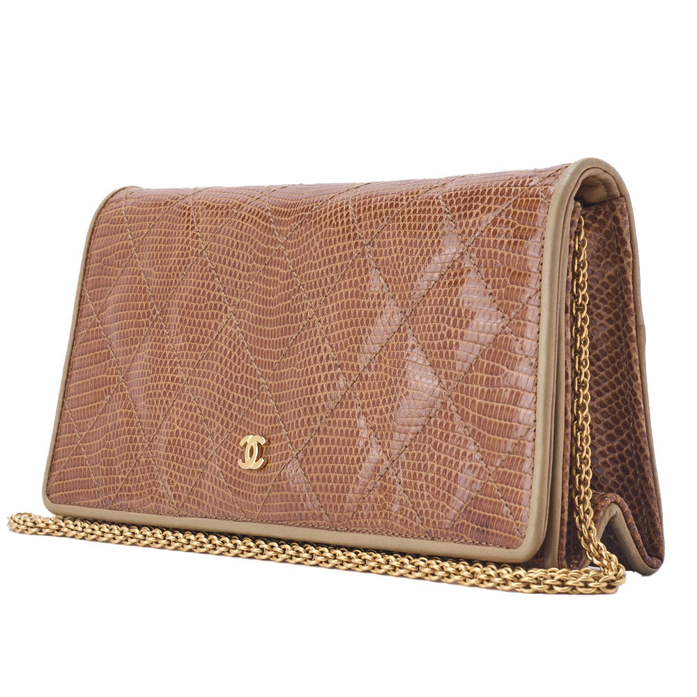 Pre-Owned Shoulder Bag Matelasse Full Flap Push Lock Lizard Beige Gold-Tone Hardware Pre-Owned
