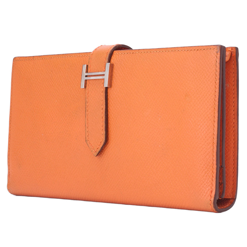 Pre-Owned Bearn Soufflet Two-Fold Long Wallet Epson Orange Silver-Tone Hardware Pre-Owned
