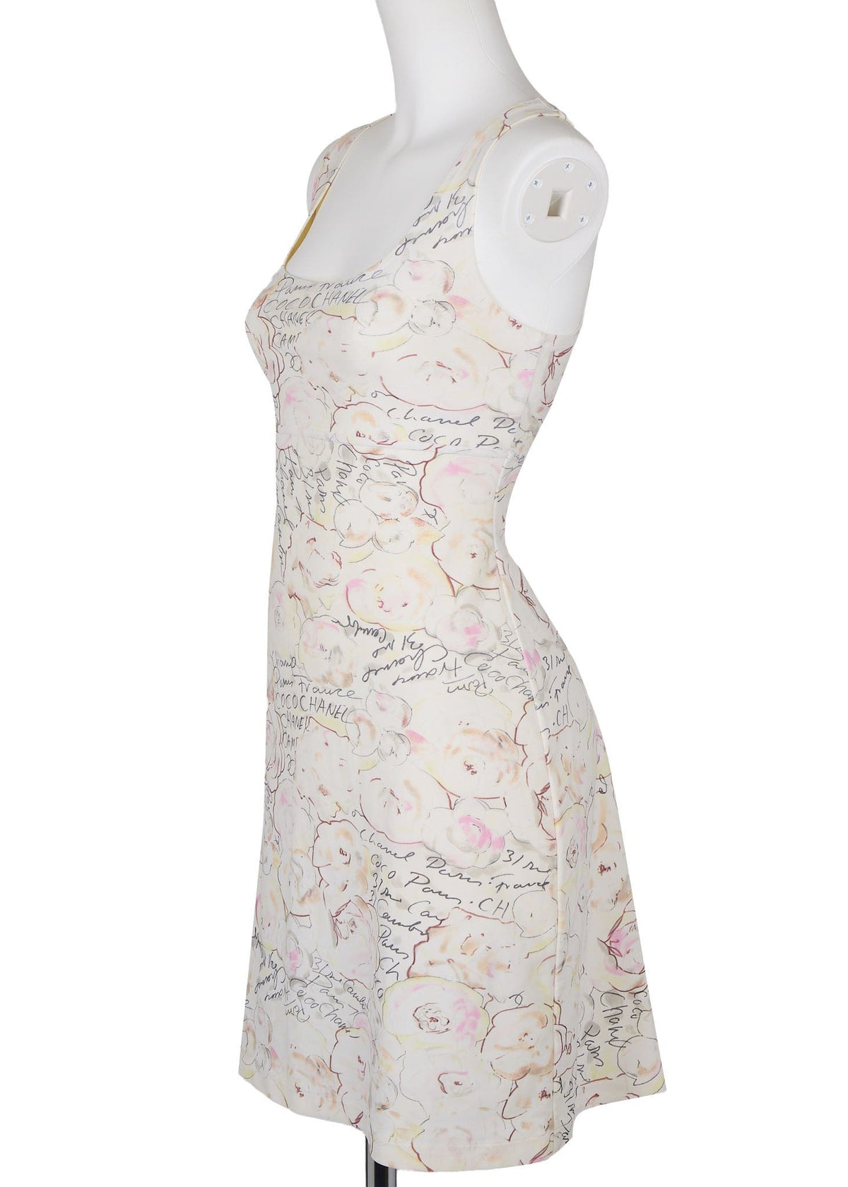 Pre-Owned Sleeveless Dress, Camellia Logo, Nylon Blend, Ivory, Silver-Tone Hardware, Pre-Owned