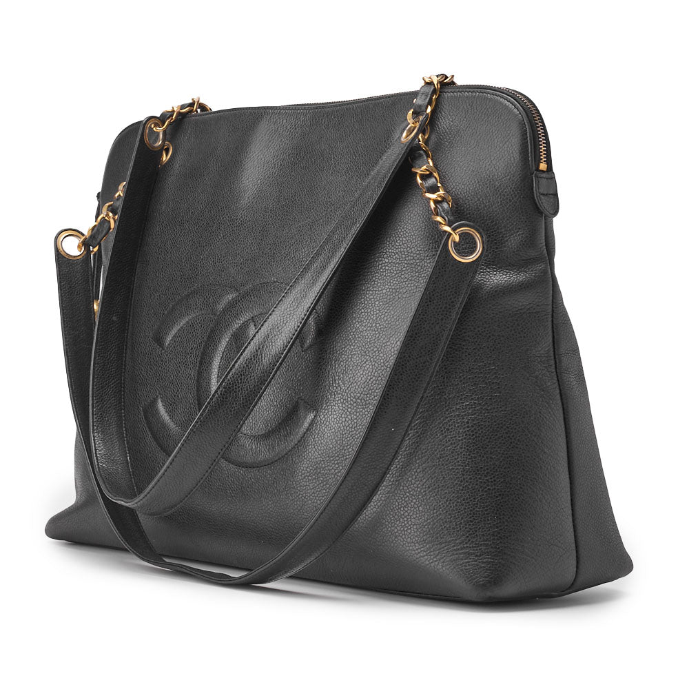 Sac bandoulière double chaîne d'occasion, cuir caviar, noir, finitions dorées.