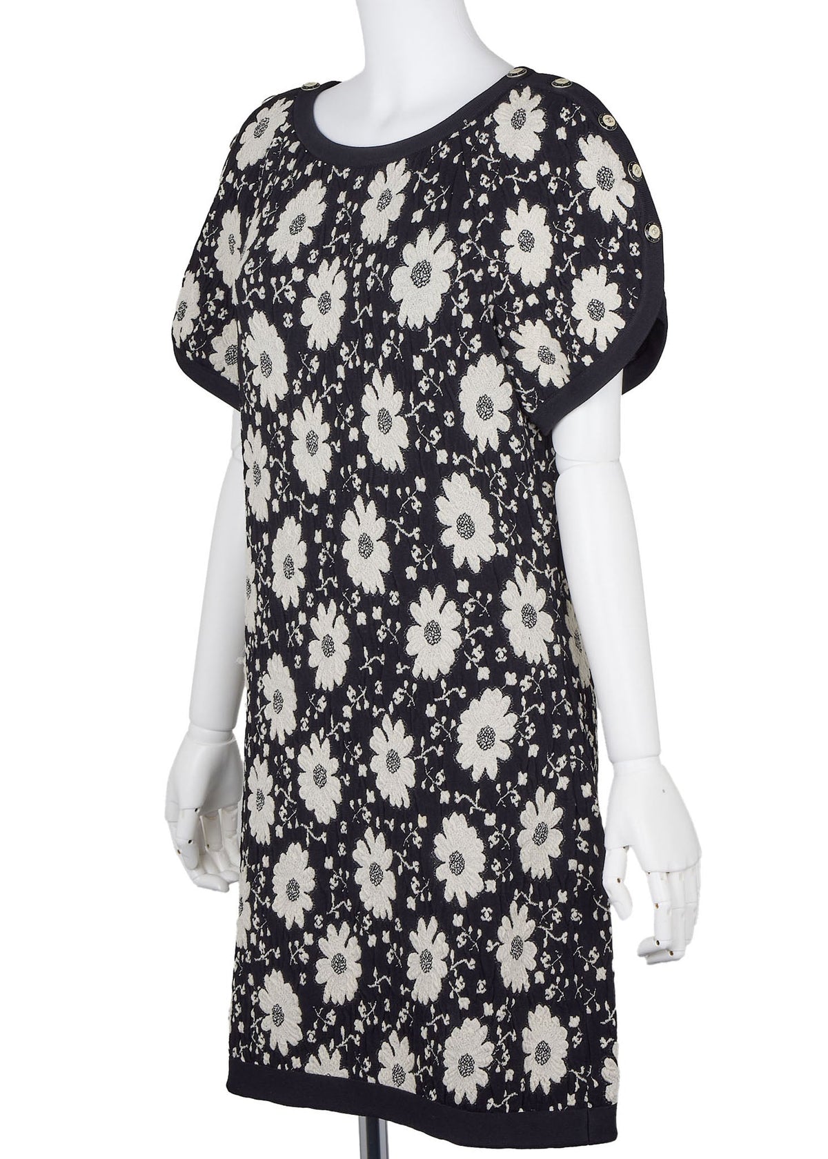 Pre-Owned Short Sleeve Dress, Floral Coco Button, Nylon Blend, Black, Gold-Tone Hardware, Pre-Owned
