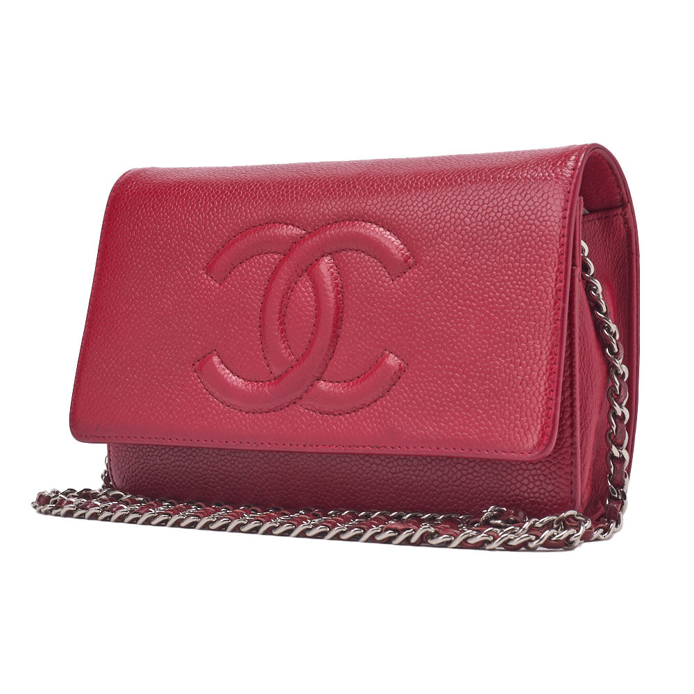 Pre-Owned Shoulder Bag Chain Wallet Caviar Skin Red Silver-Tone Hardware Pre-Owned