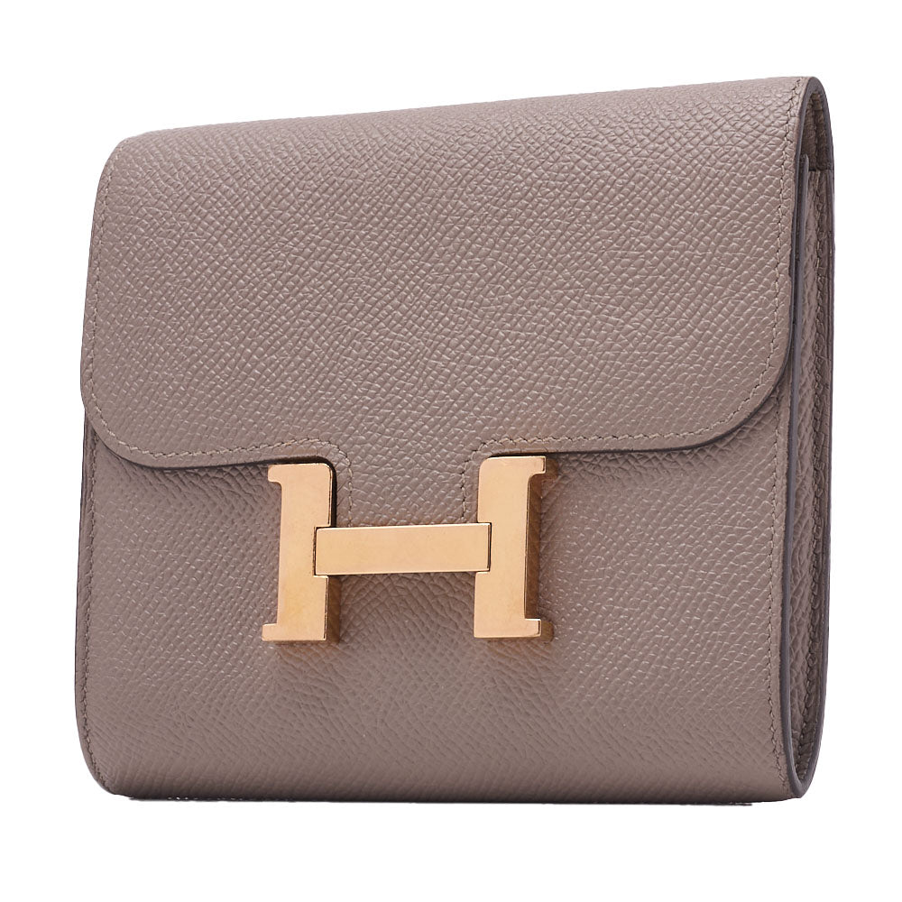Pre-Owned Constance Compact Two-Fold Wallet Vaux Epson Etoupe Gold-Tone Hardware Pre-Owned