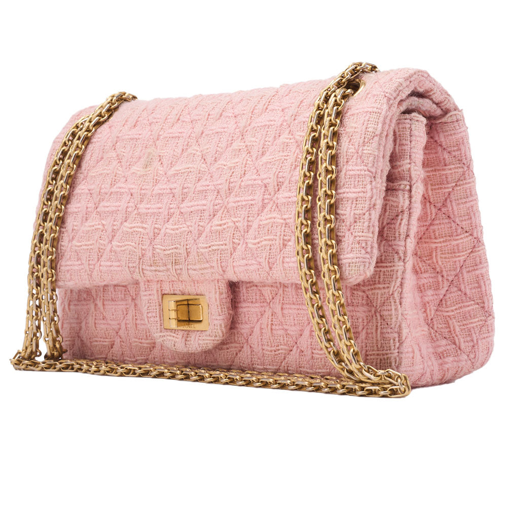 Sac bandoulière d'occasion, matelassé, double rabat, jersey, rose, finitions dorées, d'occasion