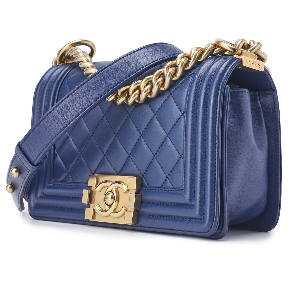 Pre-Owned Boy Matelasse Chain Shoulder Bag Lambskin Blue Gold-Tone Hardware Pre-Owned