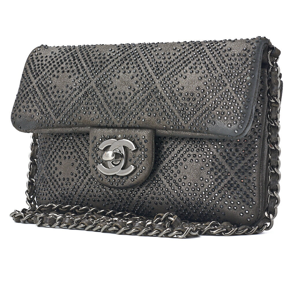 Pre-Owned Chain Shoulder Bag Mini Matelasse Stone Leather Gray Silver-Tone Hardware Pre-Owned