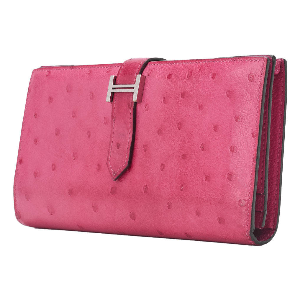 Pre-Owned Bearn Soufflet Two-Fold Long Wallet Ostrich Pink Silver-Tone Hardware Pre-Owned