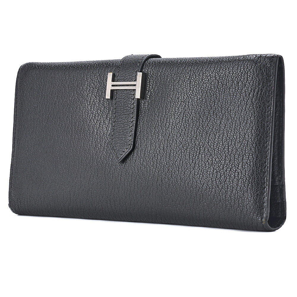 Pre-Owned Bairn Classic Bi-fold Long Wallet, Chèvre, Black, Silver-Tone Hardware, Pre-Owned