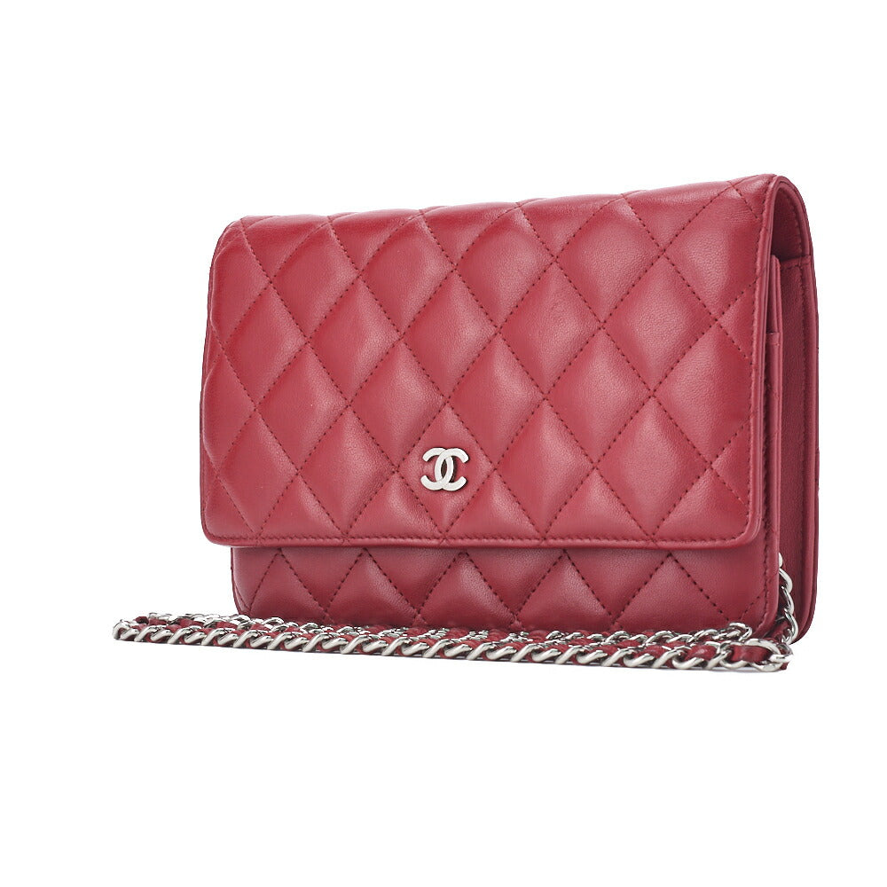 Pre-Owned Chain Wallet Matelasse Lambskin Red Silver-Tone Hardware Pre-Owned