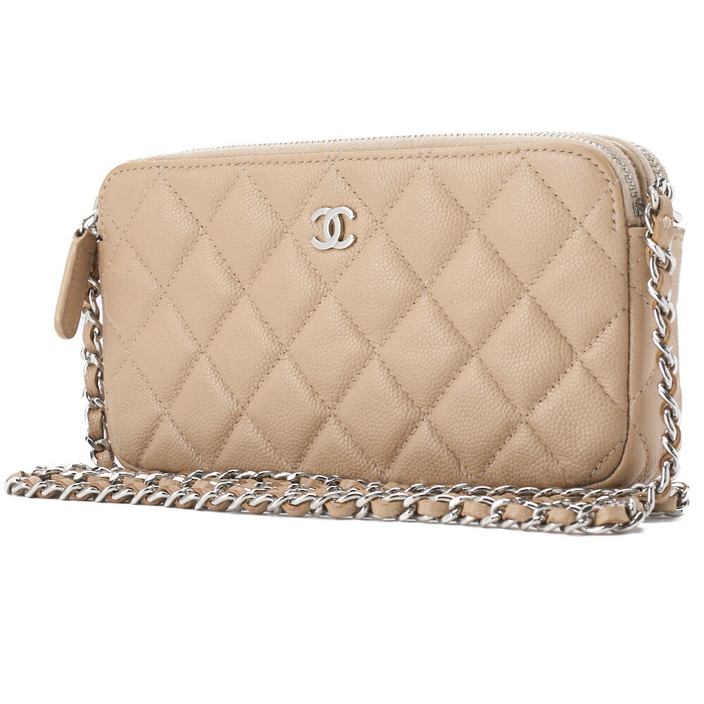 Pre-Owned Shoulder Bag Chain Wallet Matelasse Caviar Skin Beige Silver-Tone Hardware Pre-Owned