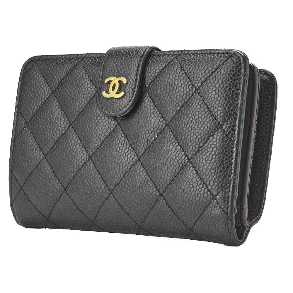 Pre-Owned Bi-Fold Wallet Matelasse Caviar Skin Black Gold-Tone Hardware Pre-Owned