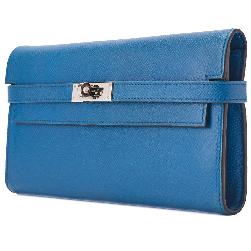 Pre-Owned Kelly Wallet 2 Fold Long Wallet Epson Leather Blue Ismir Silver-Tone Hardware Pre-Owned