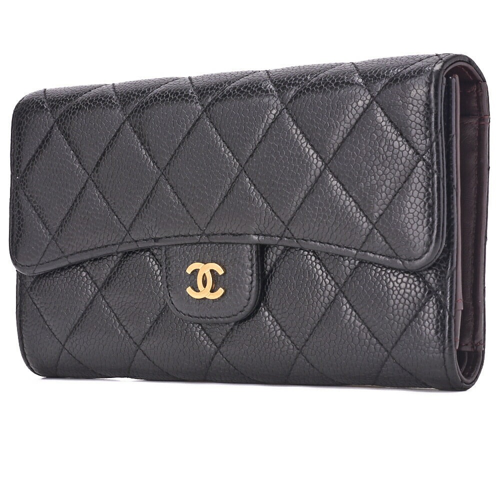 Pre-Owned Tri-Fold Wallet, Matelasse, Caviar Skin, Black, Gold-Tone Hardware, Pre-Owned