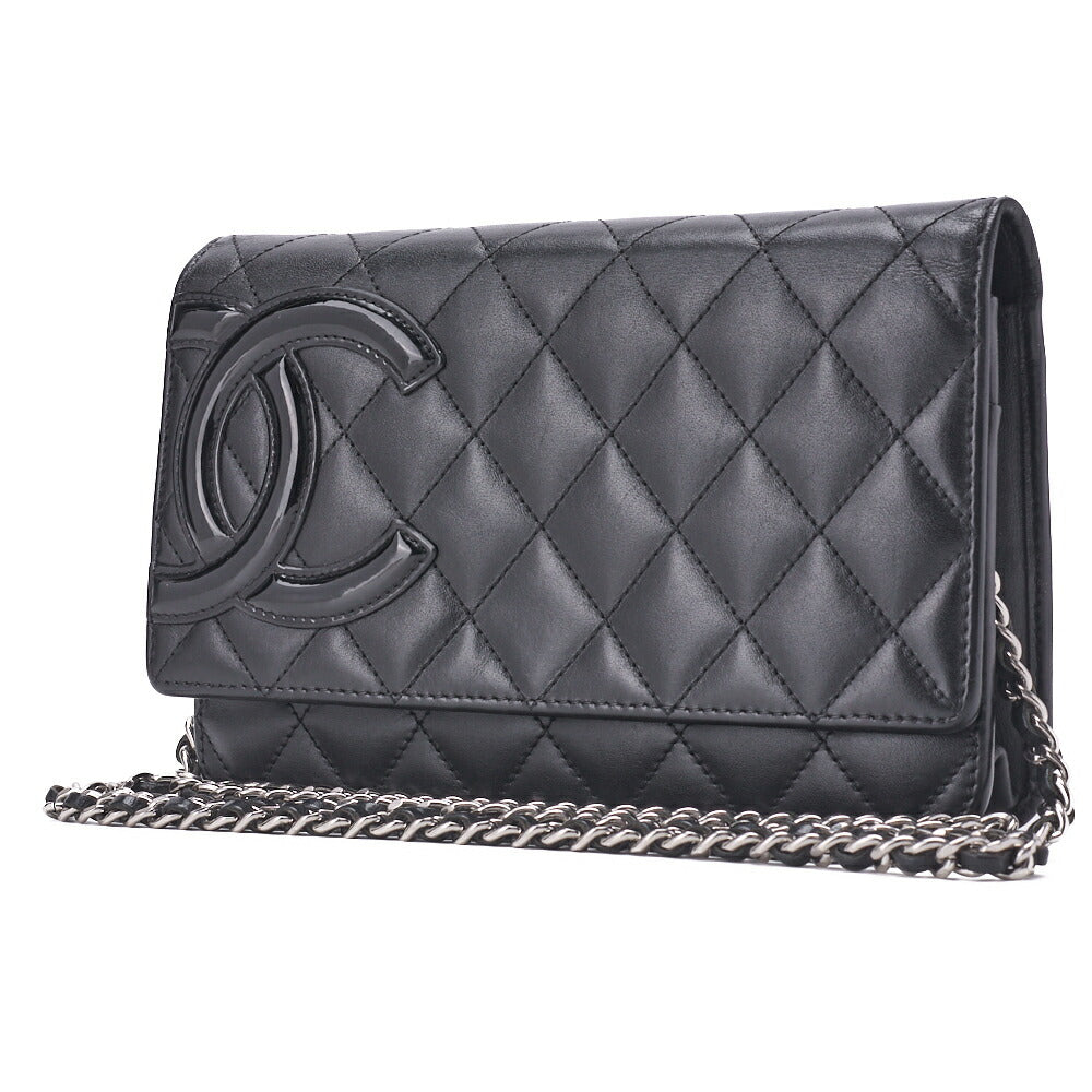 Pre-Owned Chain Wallet, Cambon Line, Folding, Calfskin, Black, Silver-Tone Hardware, Pre-Owned